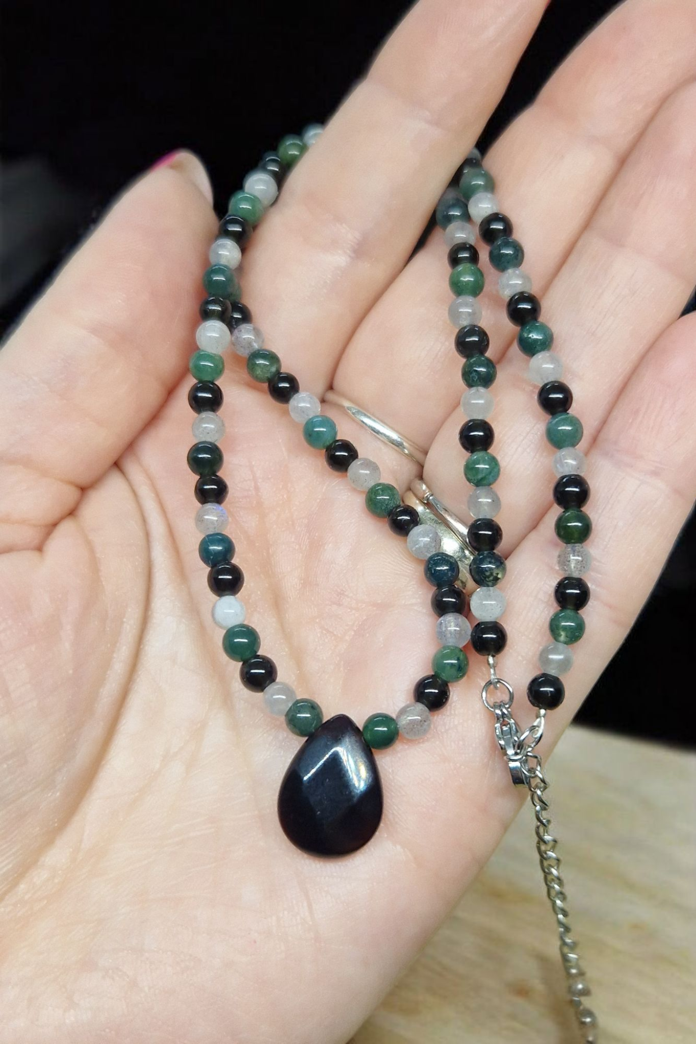Collier Obsidienne noire, Agate mousse et Labradorite