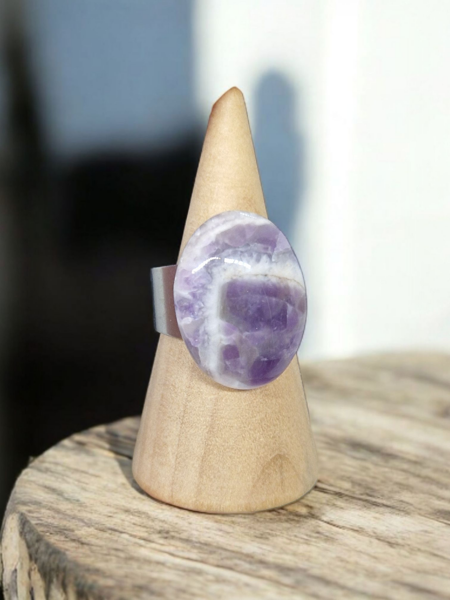 Bague réglable Améthyste chevron acier