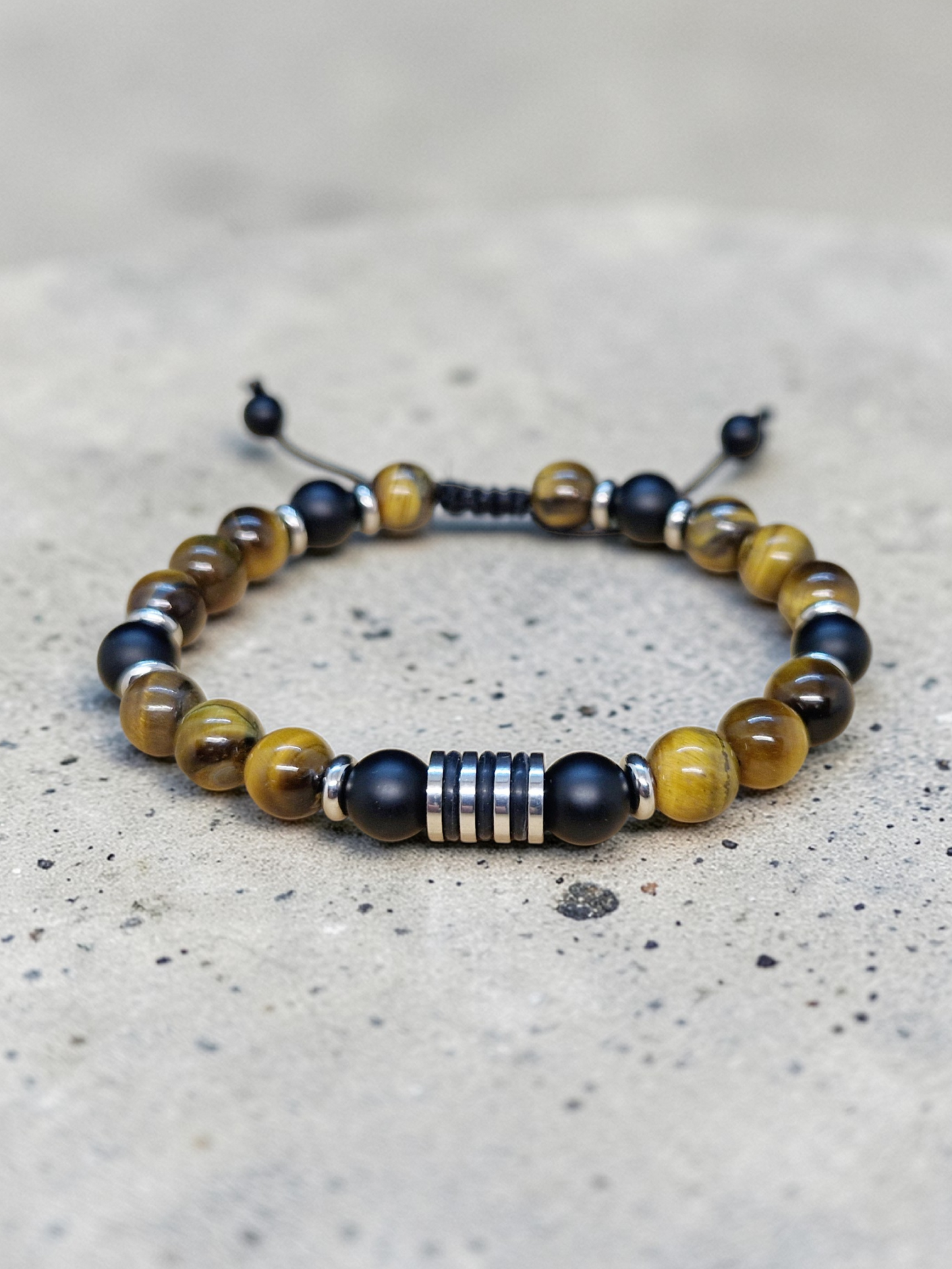 Bracelet réglable Oeil de tigre & Onyx mate 8mm