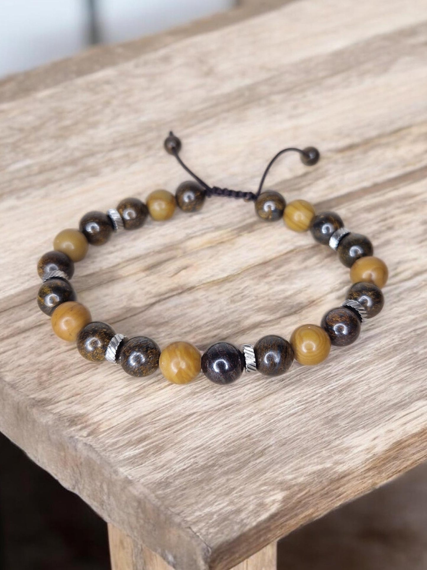 Bracelet reglable Bronzite & bois fossile 8mm