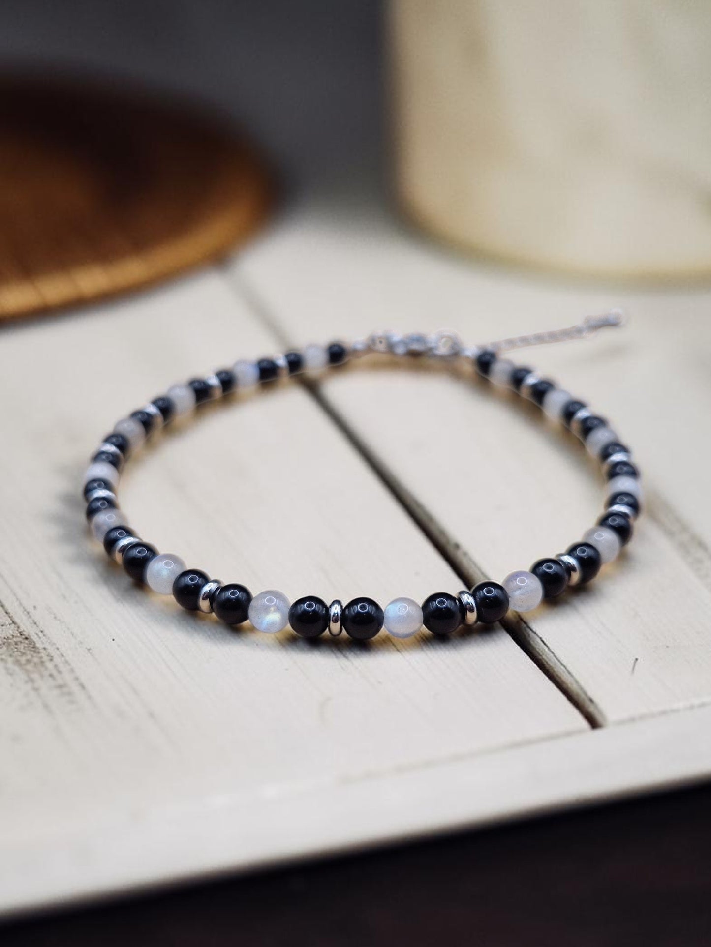 Bracelet de cheville Obsidienne noire & Labradorite