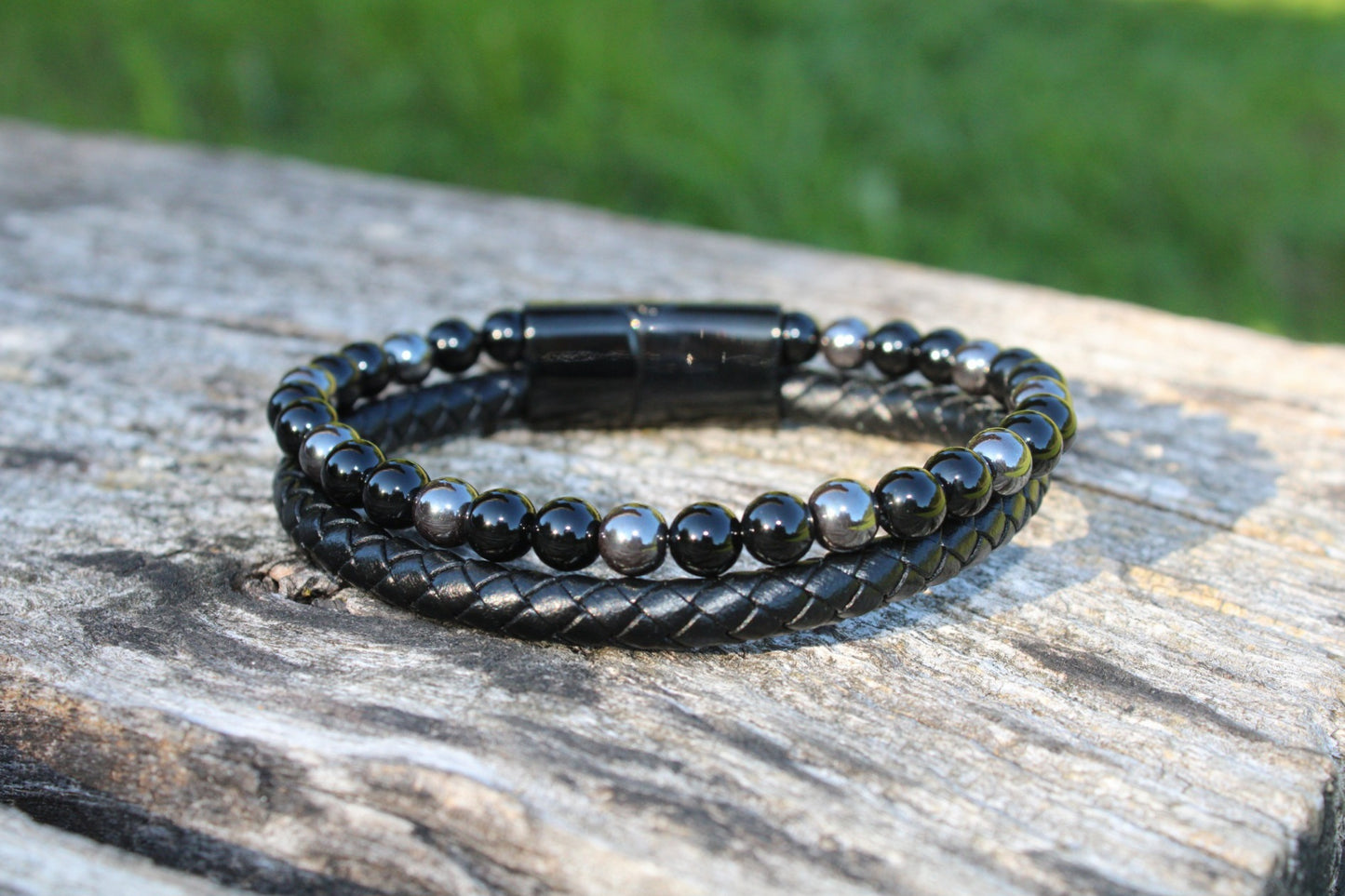 Bracelet cuir, hématite & onyx