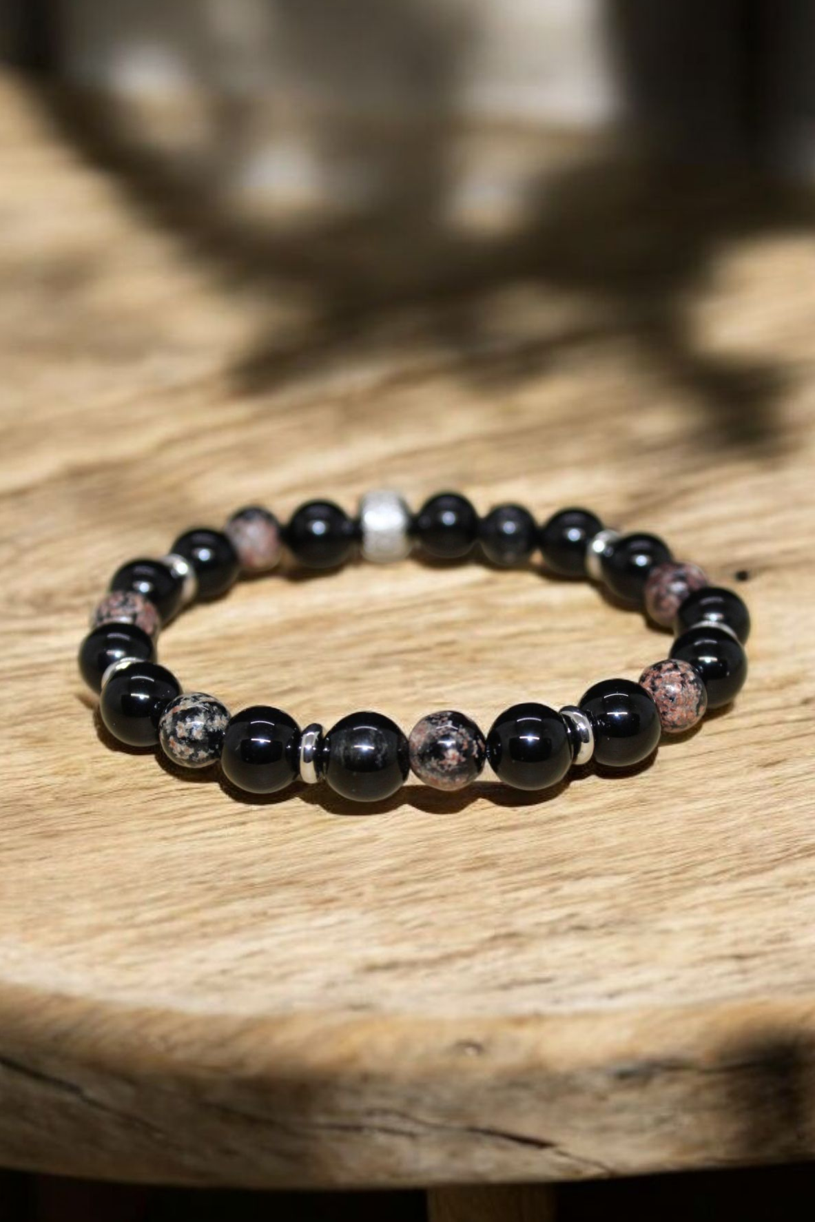 Bracelet Obsidienne noire et fleurie 8mm