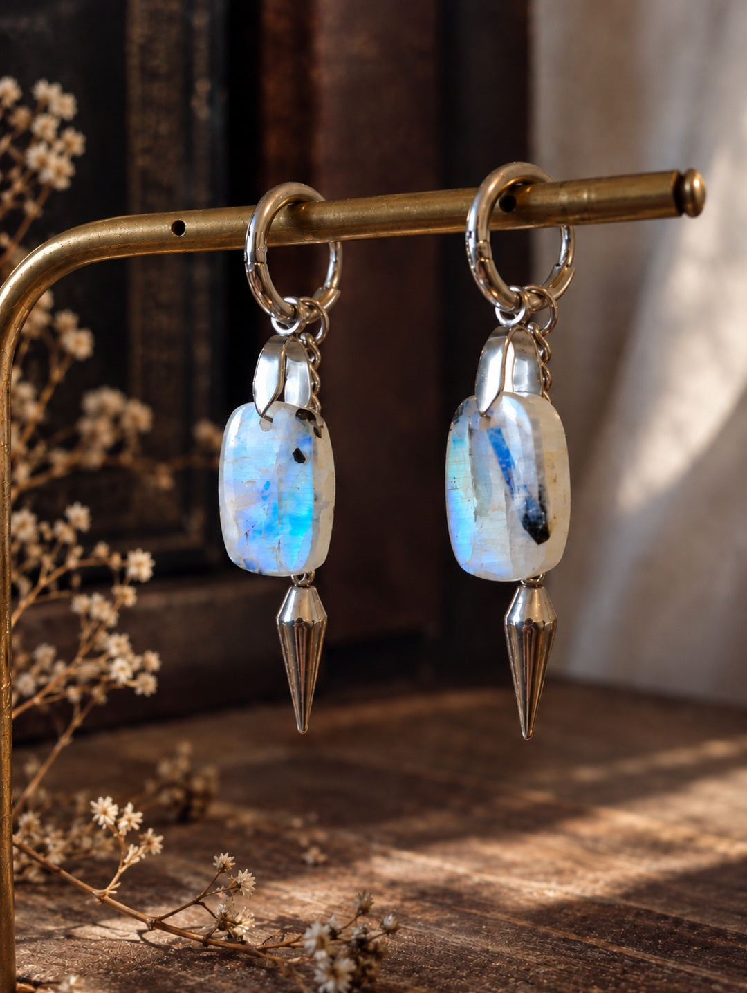 Boucles d'oreilles Peristerite & Acier