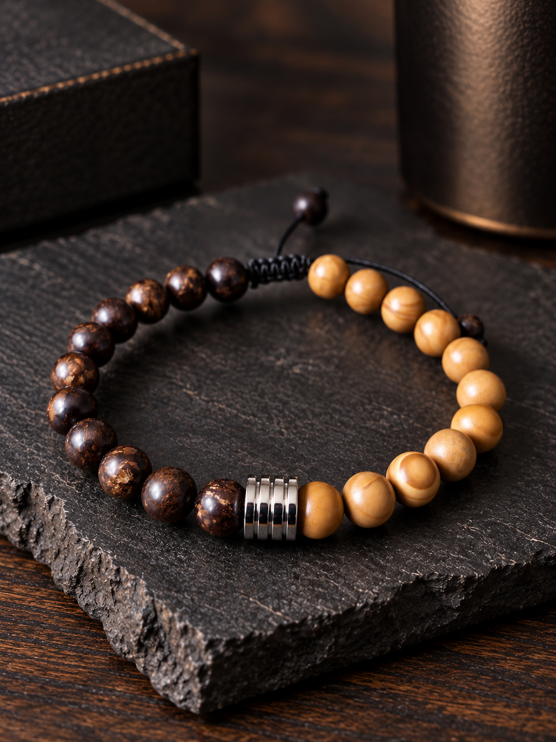 Bracelet reglable Bronzite & bois fossile 8mm