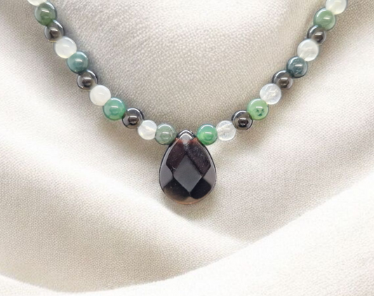 Collier Obsidienne noire, Agate mousse et Labradorite