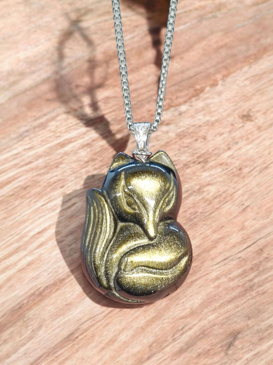 Pendentif renard Obsidienne dorée