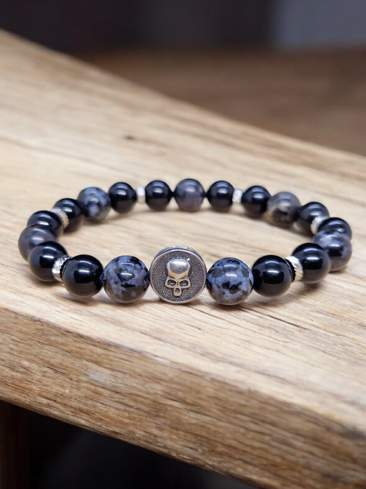 Bracelet Obsidienne noire et Gabbro 10mm