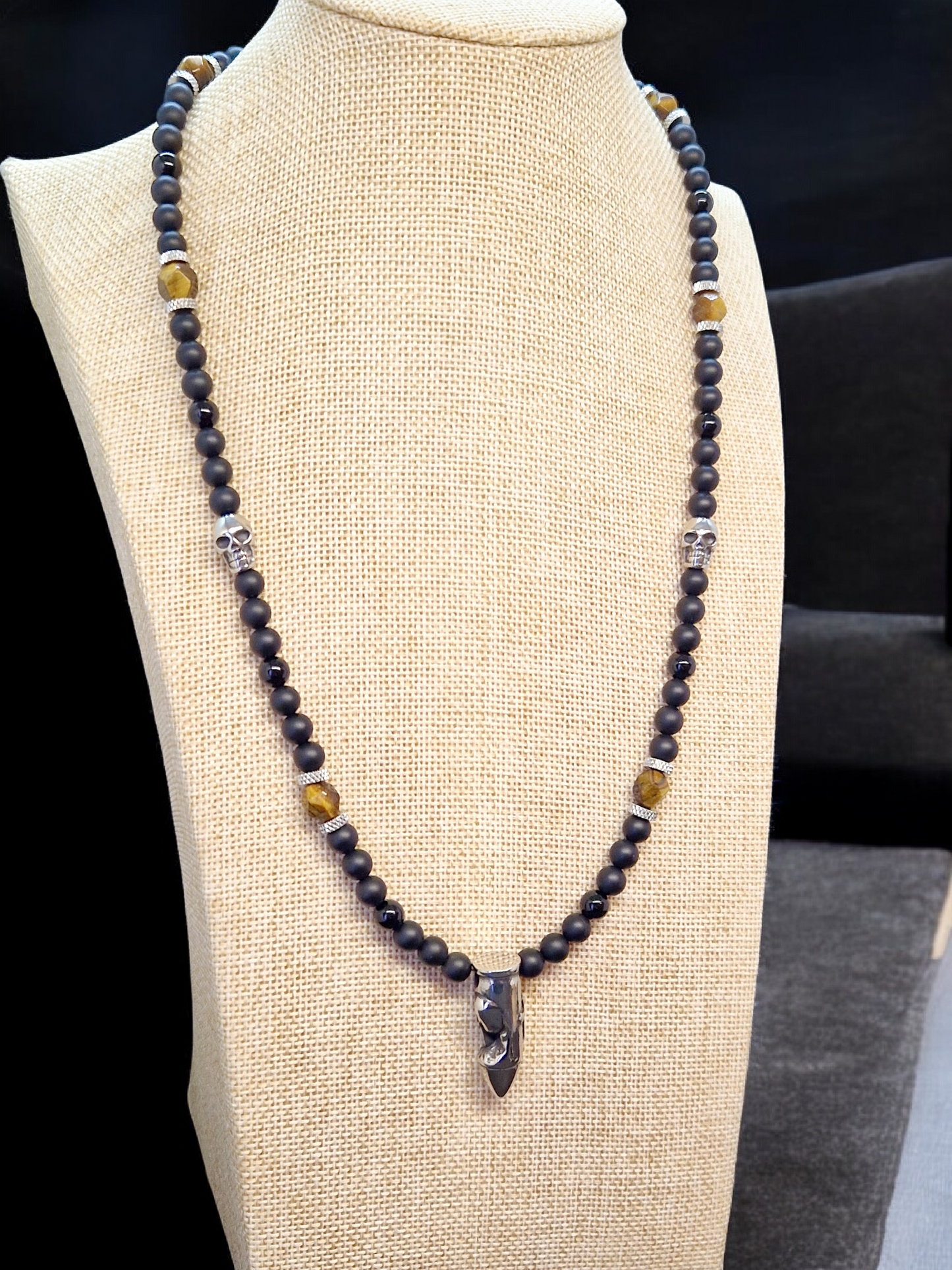 Collier Oeil de tigre, Onyx et Obsidienne noire