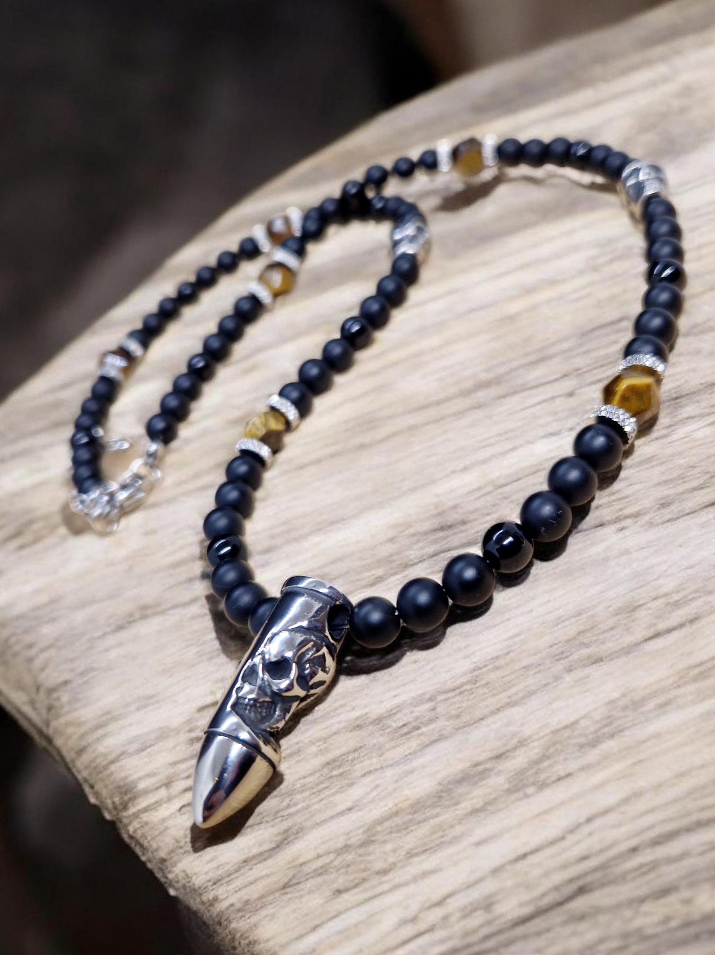 Collier Oeil de tigre, Onyx et Obsidienne noire