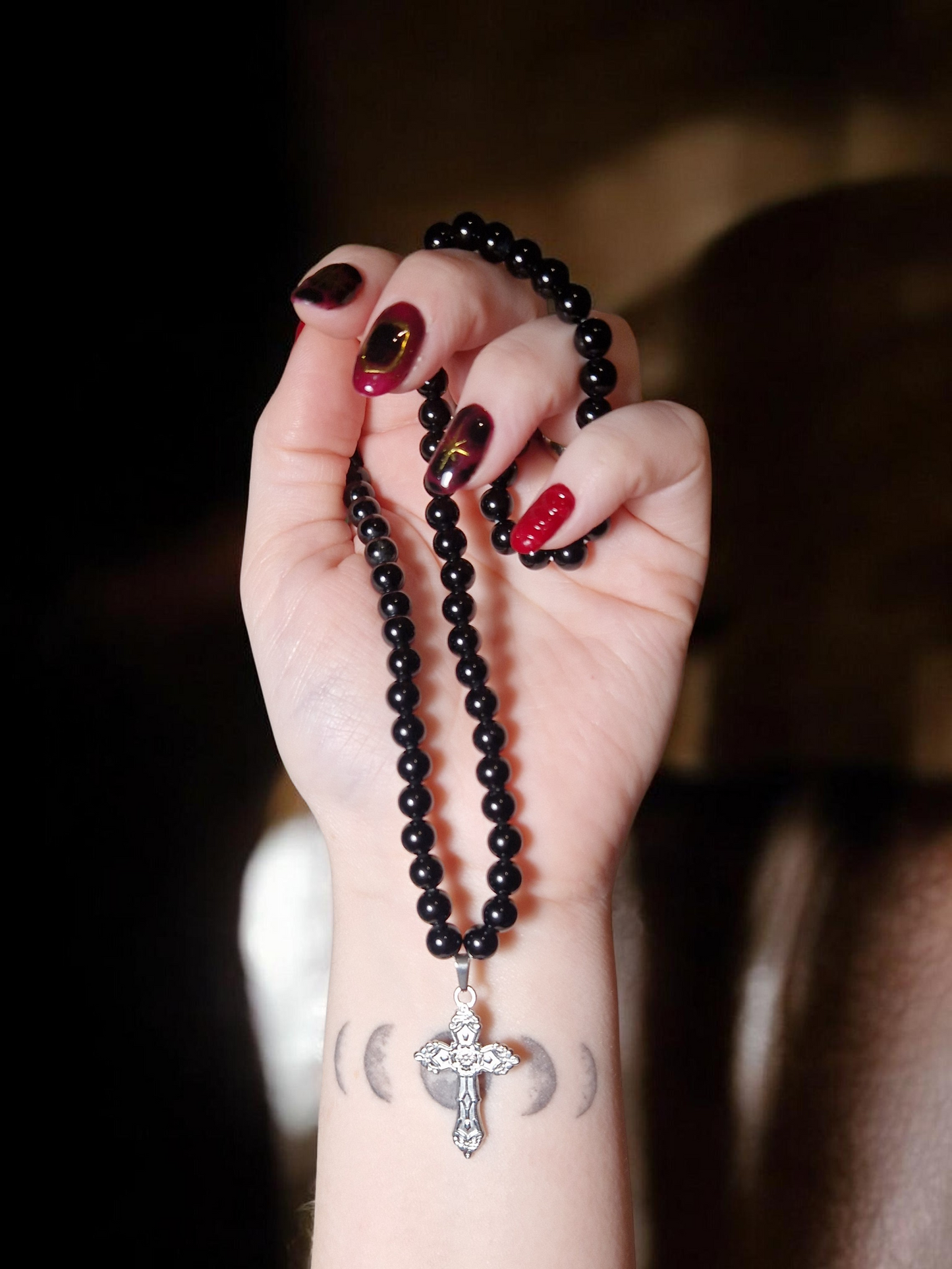 Collier Obsidienne noire & Pendentif croix