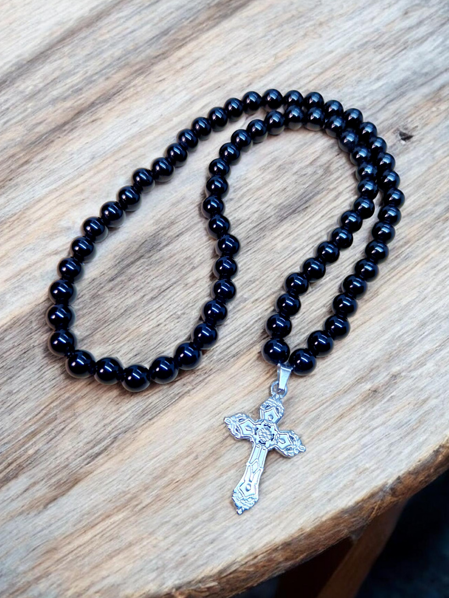 Collier Obsidienne noire & Pendentif croix