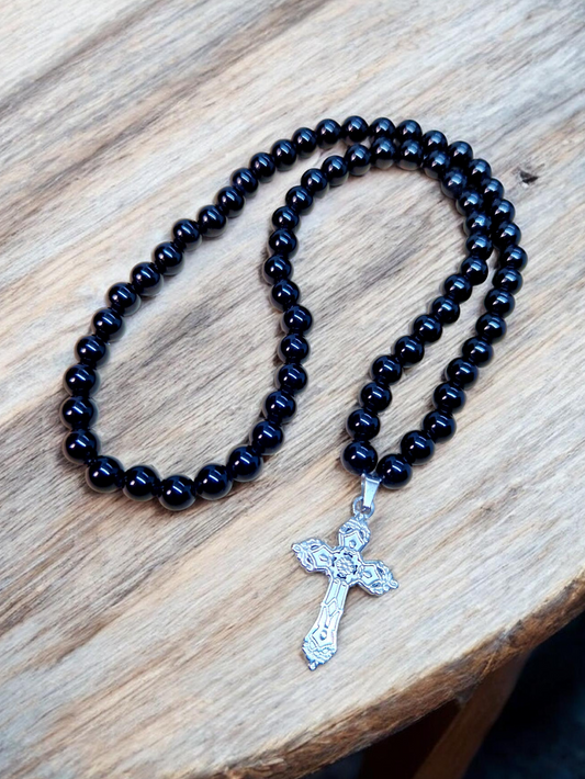 Collier Obsidienne noire & Pendentif croix