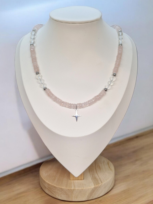 Collier Quartz Rose & Cristal de Roche
