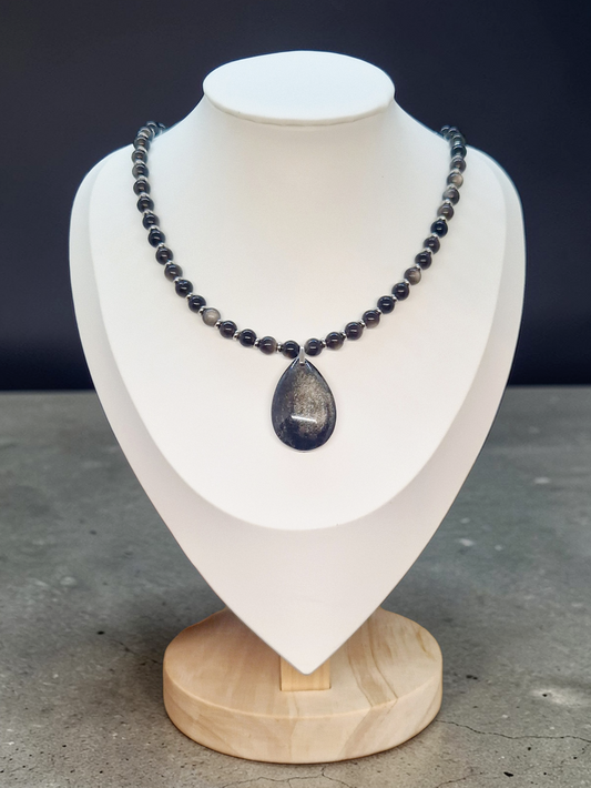 Collier Obsidienne argentée