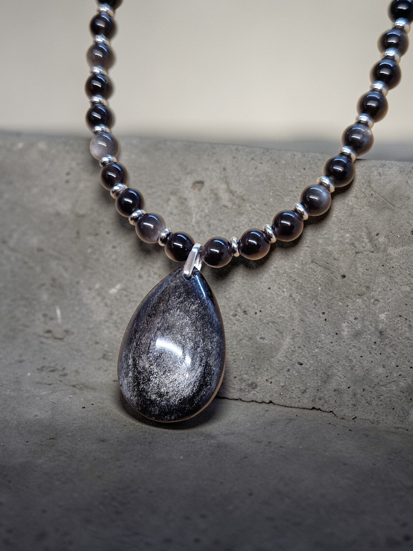 Collier Obsidienne argentée