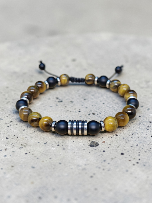 Bracelet réglable Oeil de tigre & Onyx mate 8mm