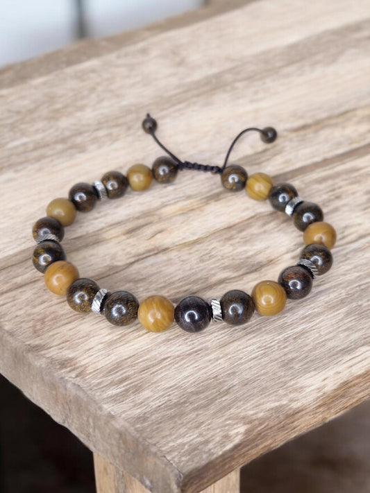 Bracelet reglable Bronzite & bois fossile 8mm