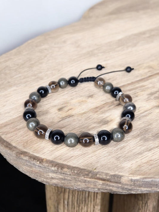 Bracelet reglable Quartz fumé, obsidiene et pyrite