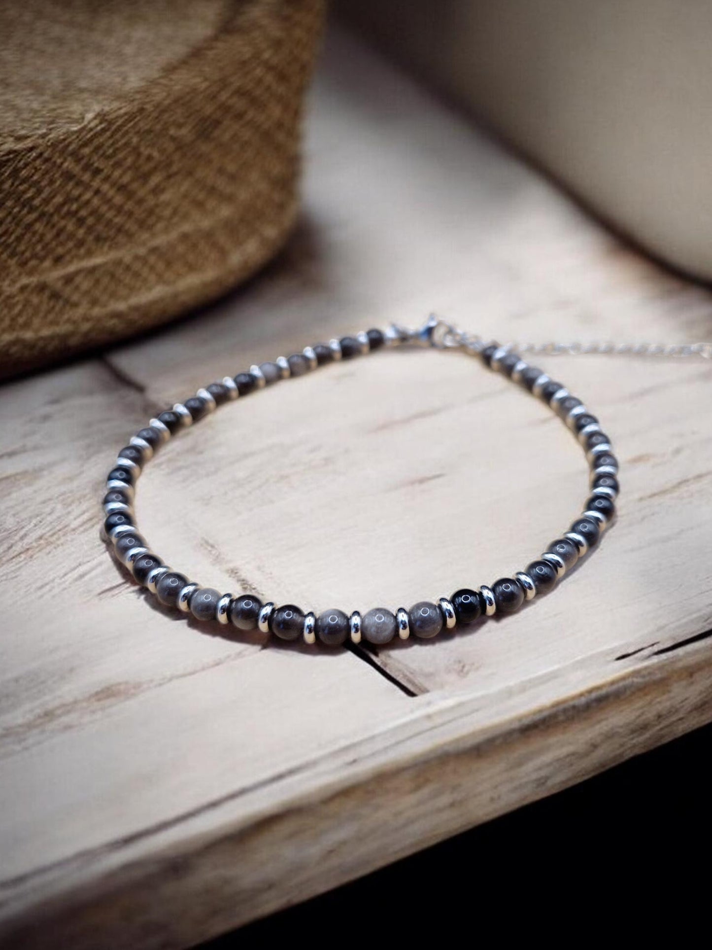 Bracelet de cheville Obsidienne argentée
