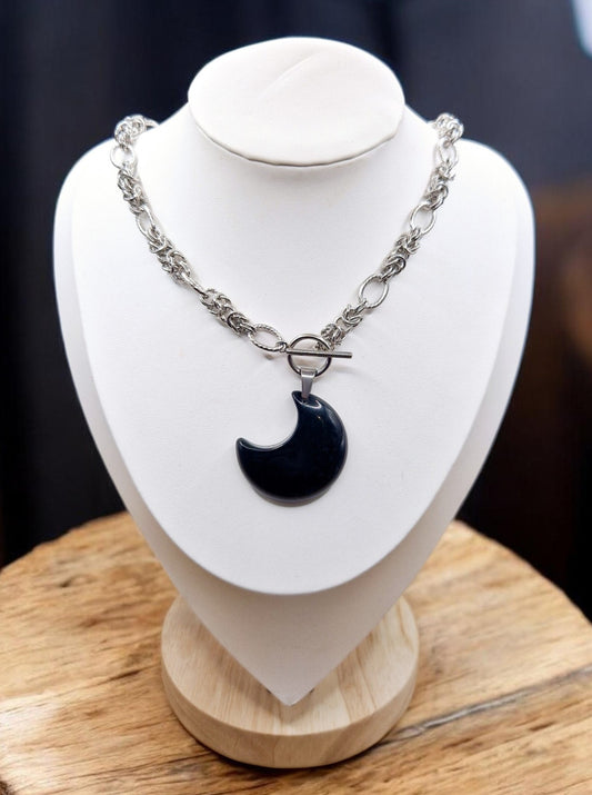 Collier Obsidienne noire & acier inoxydable
