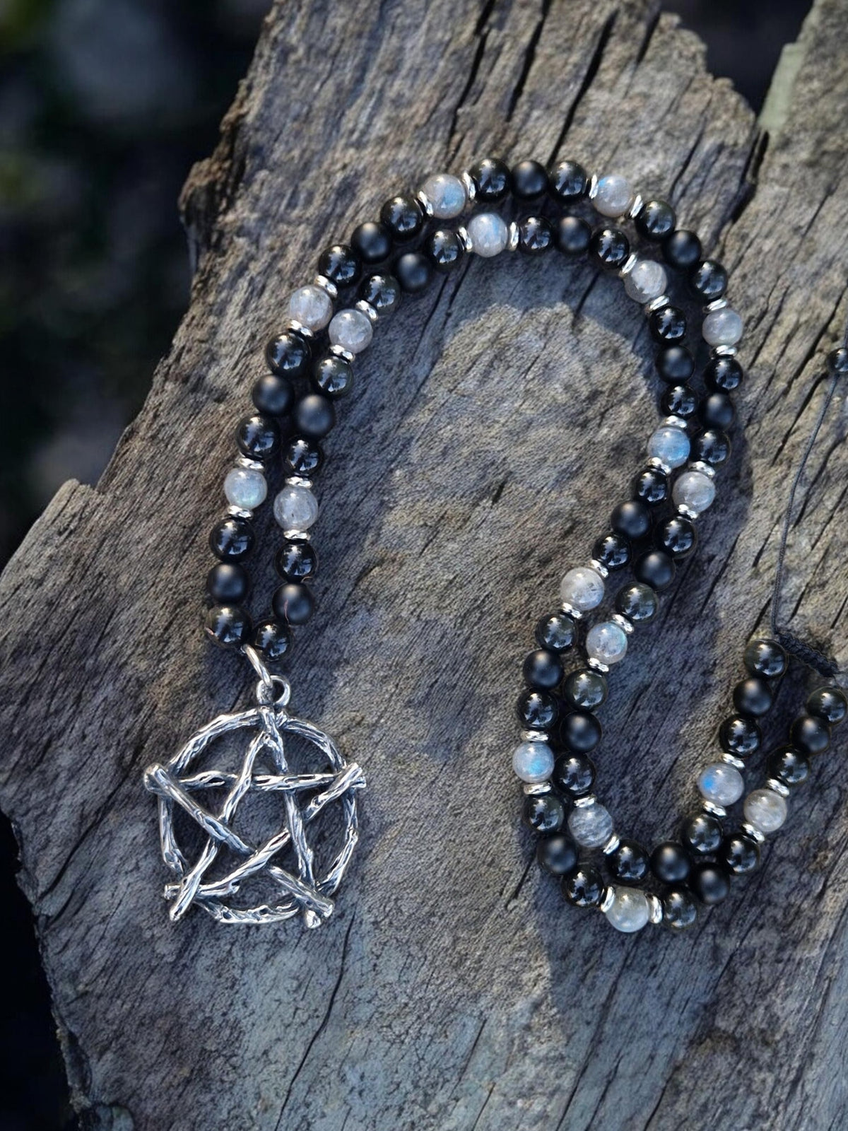 Collier pentacle Onyx, Obsidienne oeil celeste et Labradorite