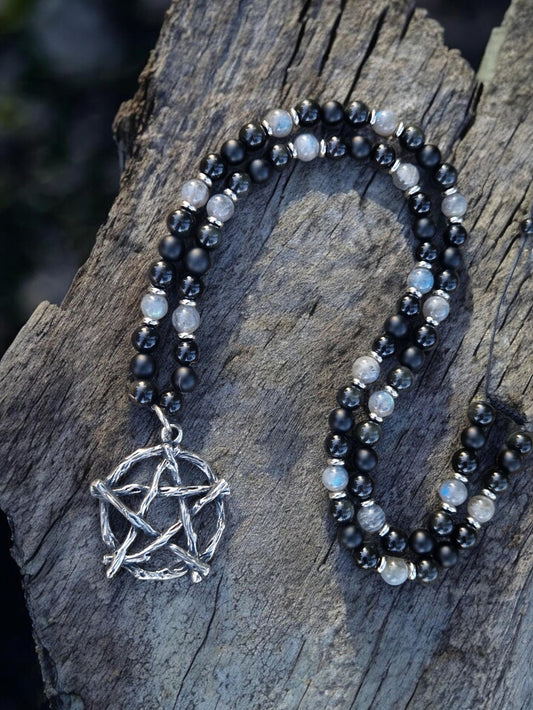 Collier pentacle Onyx, Obsidienne oeil celeste et Labradorite