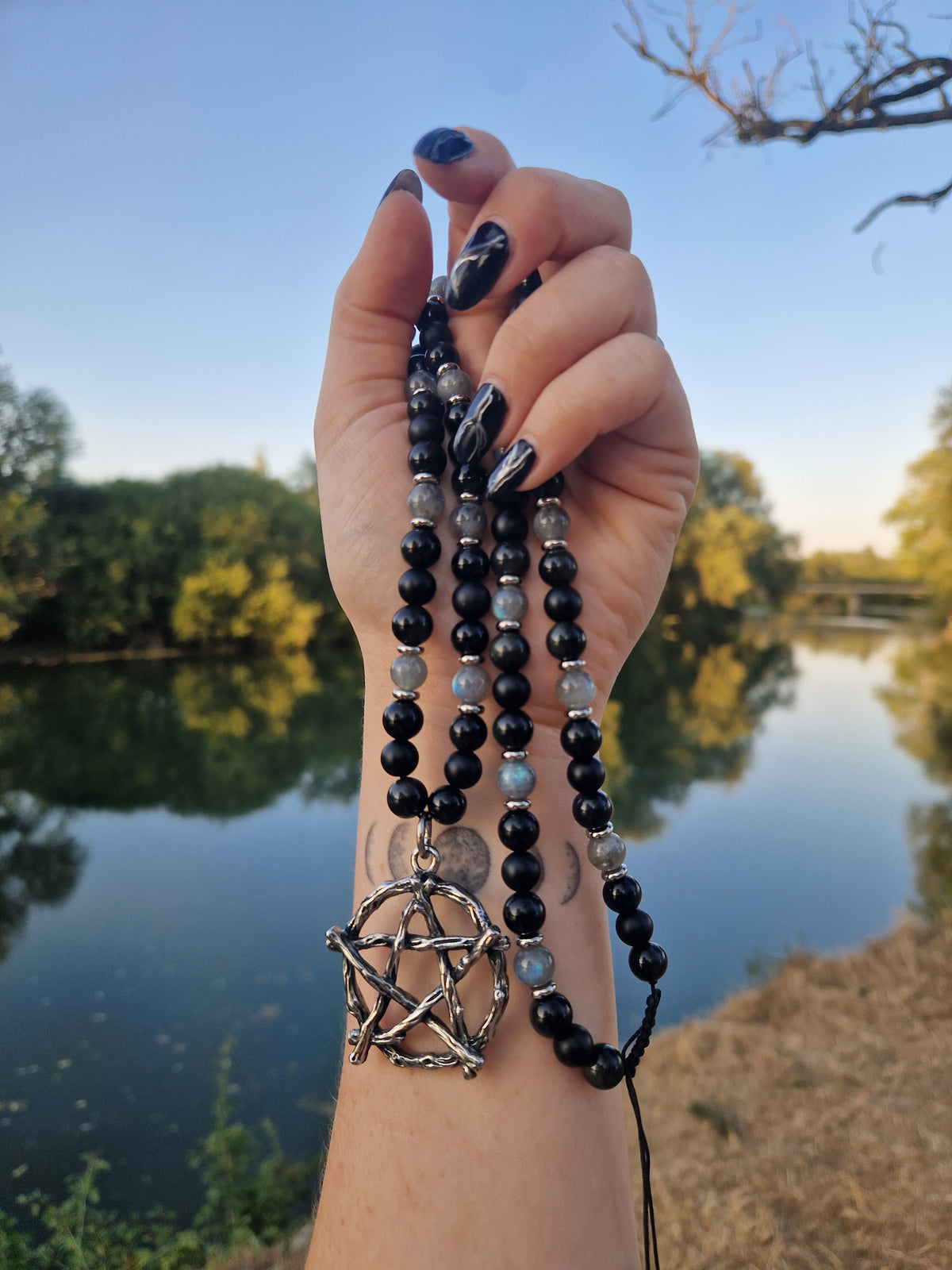 Collier pentacle Onyx, Obsidienne oeil celeste et Labradorite