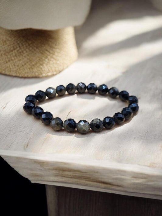 Bracelet Obsidienne dorée facettée 8mm