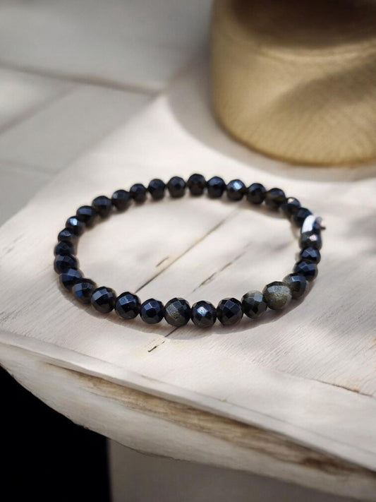 Bracelet Obsidienne dorée facettée 6mm