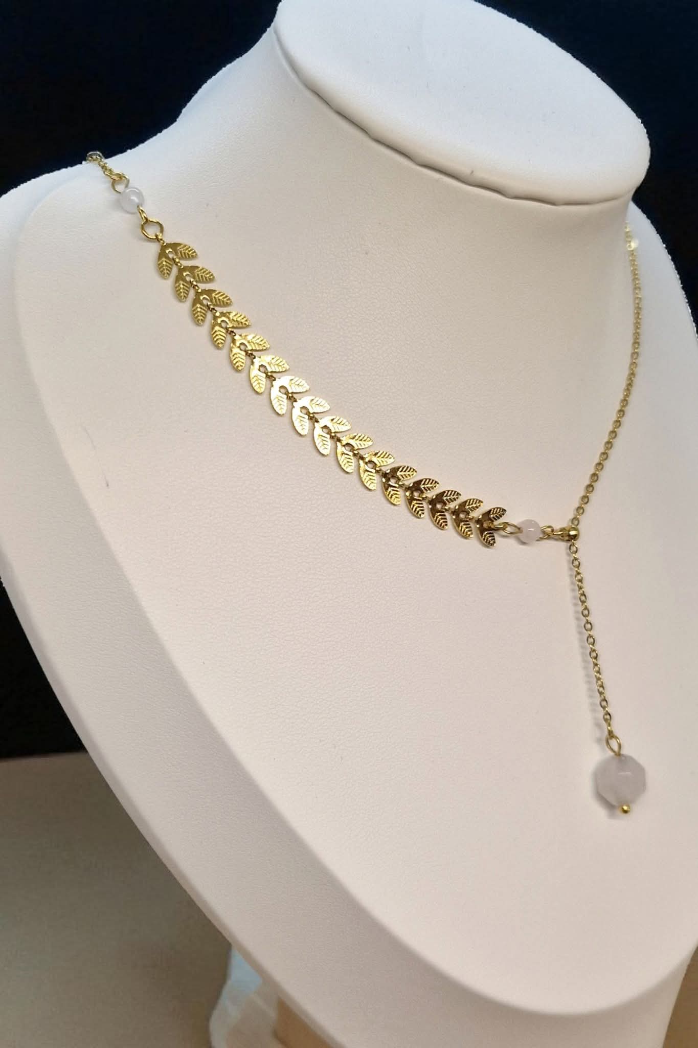 Collier quartz rose & Acier inoxydable doré