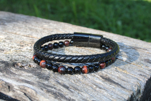 Bracelet cuir, oeil de taureau & onyx