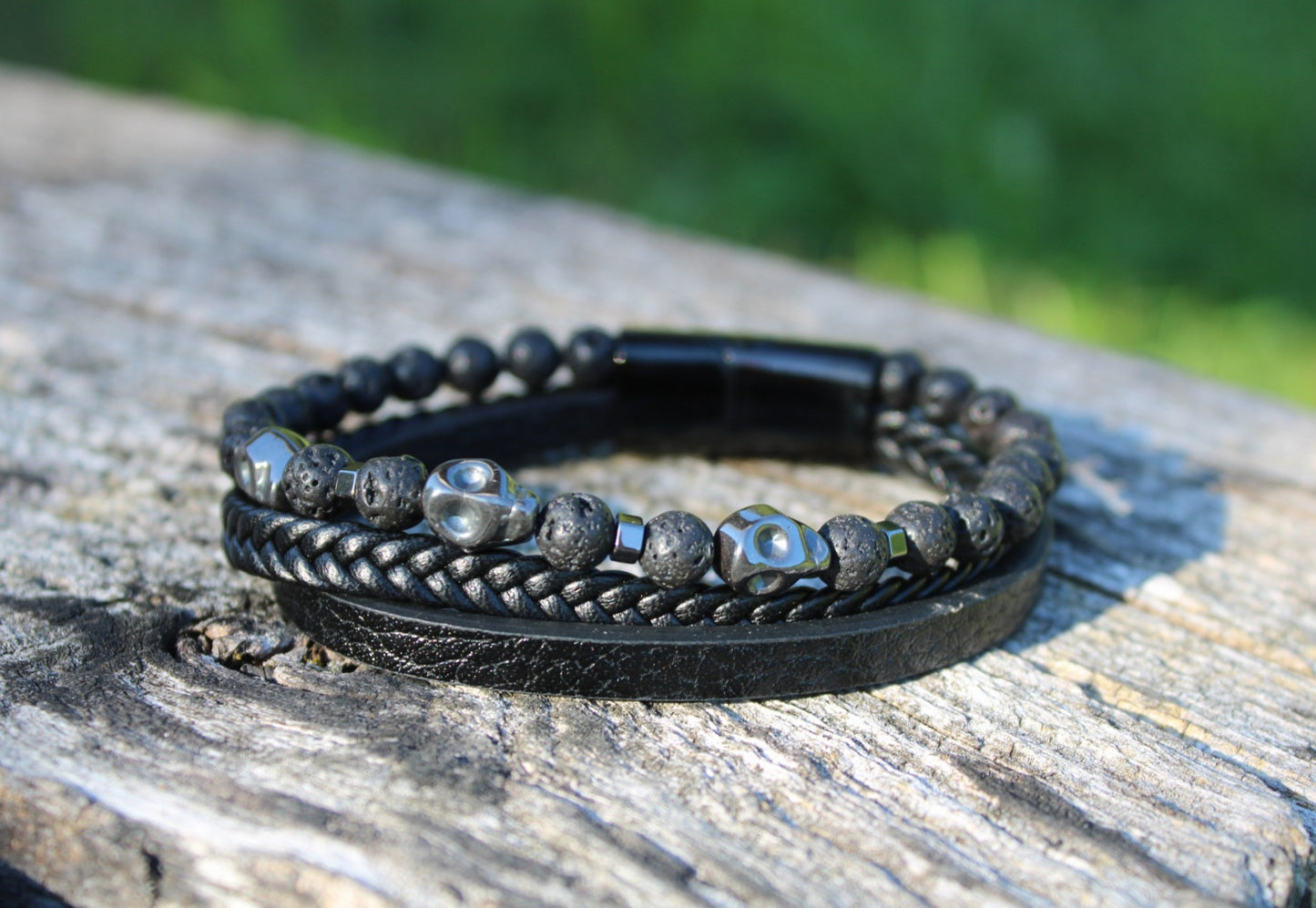 Bracelet cuir, Hématite & pierre de lave