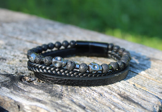 Bracelet cuir, Hématite & pierre de lave