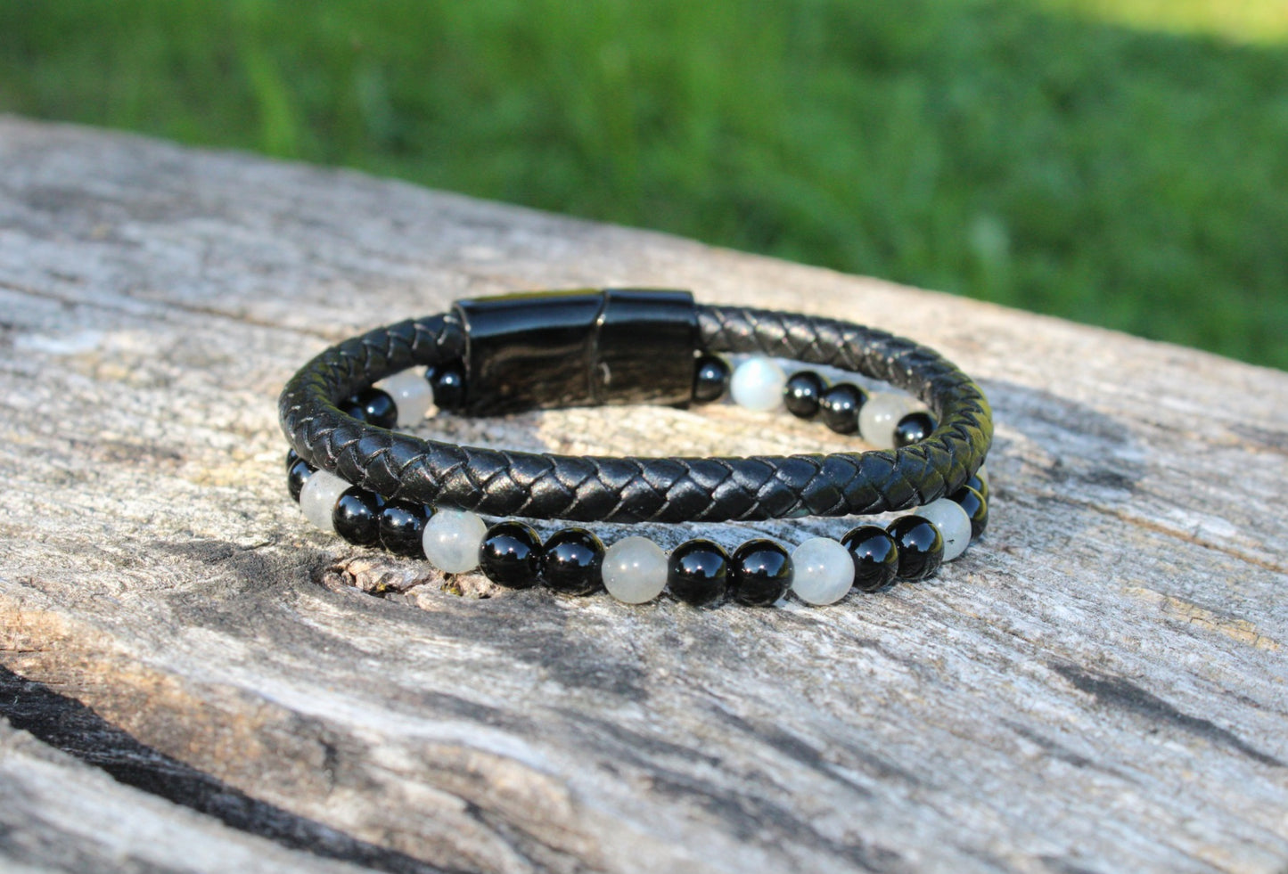 Bracelet cuir, Labradorite & Onyx