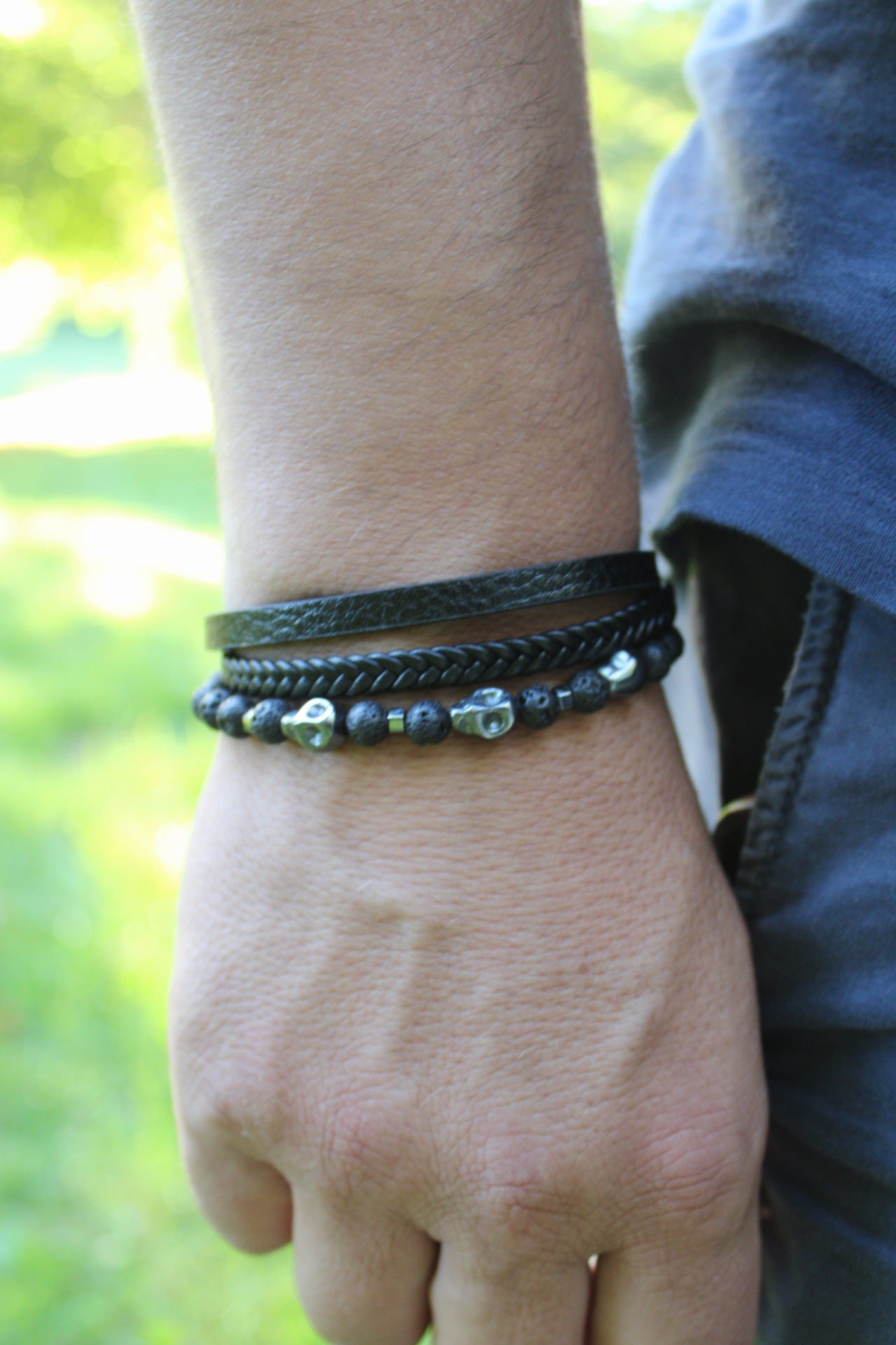 Bracelet cuir, Hématite & pierre de lave
