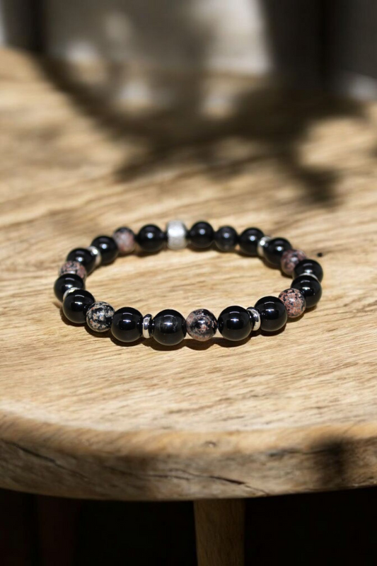 Bracelet Obsidienne noire et fleurie 8mm