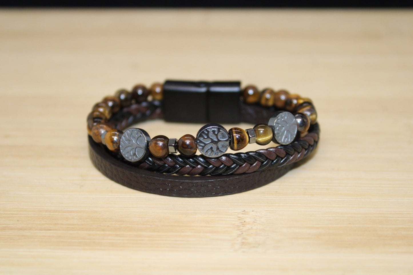 Bracelet cuir synthétique & Oeil de tigre