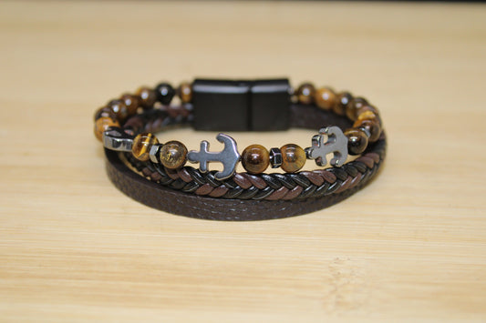 Bracelet cuir synthétique & Oeil de tigre