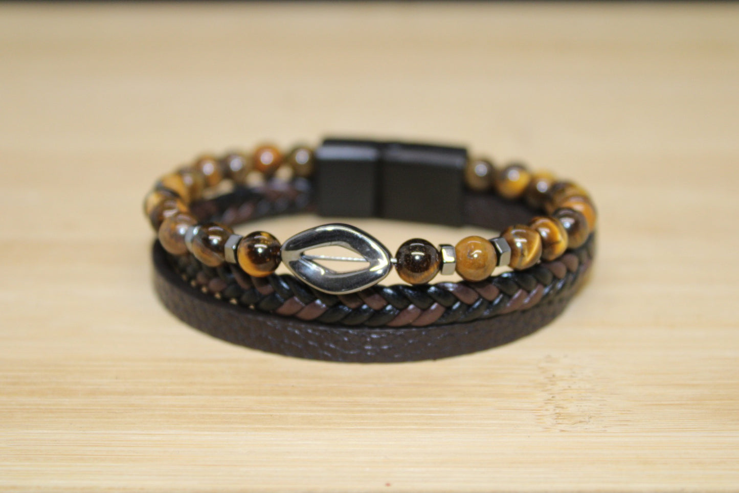 Bracelet cuir synthétique & Oeil de tigre