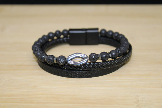 Bracelet cuir synthétique & pierre de lave
