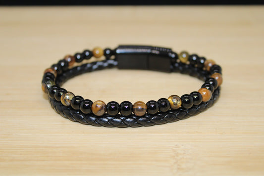 Bracelet cuir synthétique, Oeil de tigre & onyx