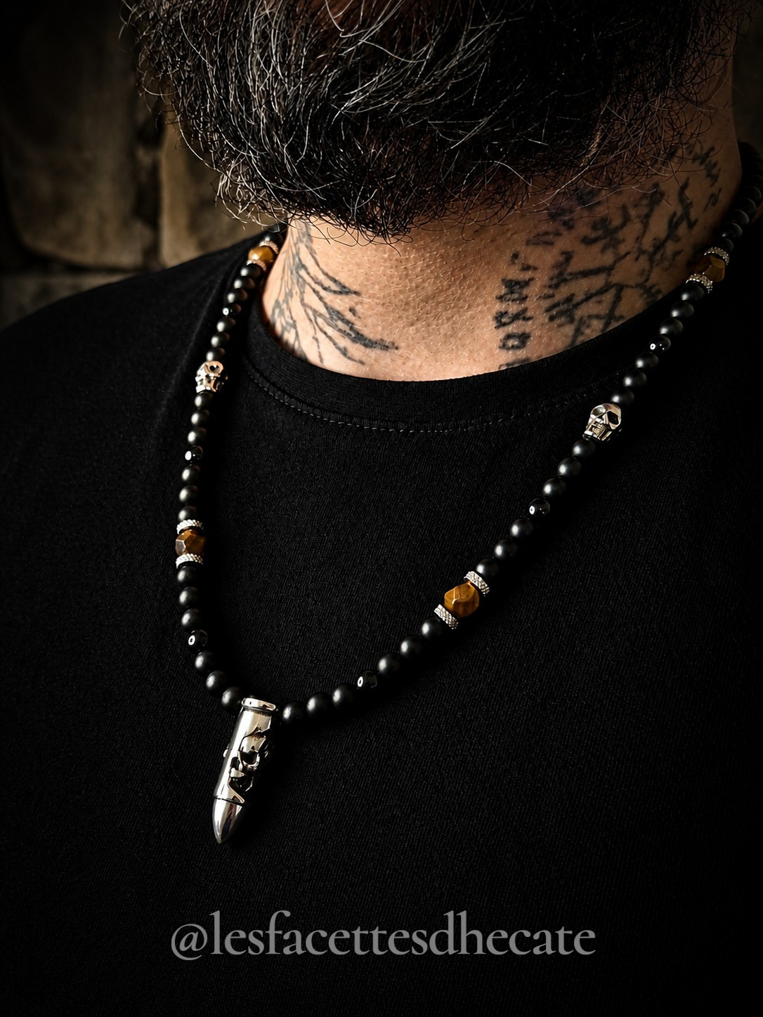 Collier Oeil de tigre, Onyx et Obsidienne noire