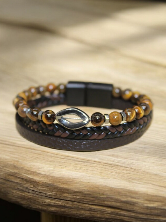 Bracelet cuir synthétique & Oeil de tigre