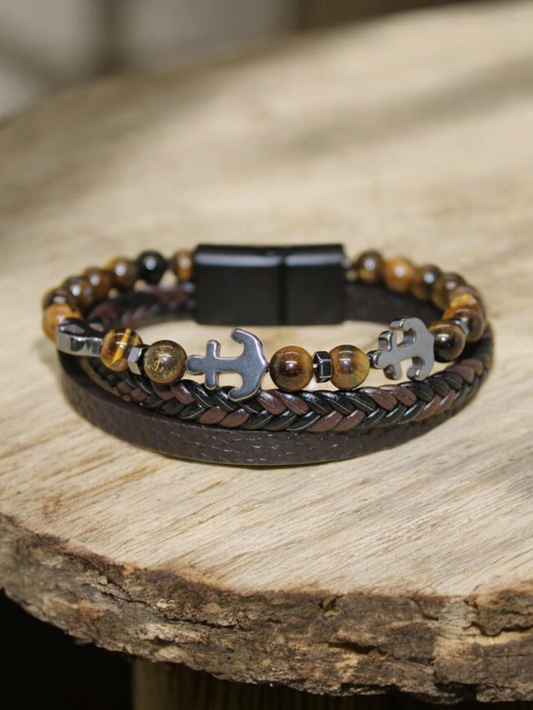Bracelet cuir synthétique & Oeil de tigre