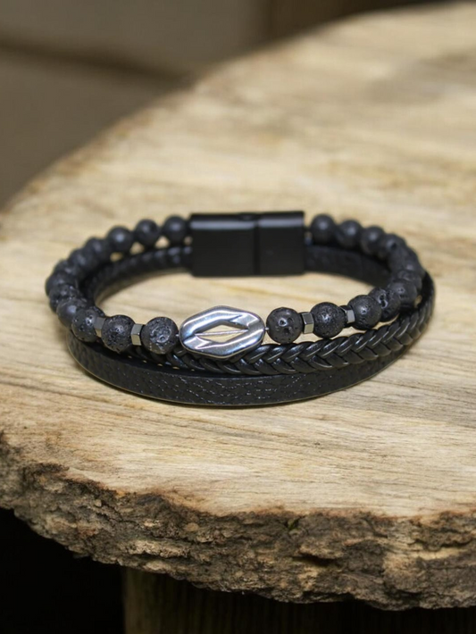 Bracelet cuir synthétique & pierre de lave