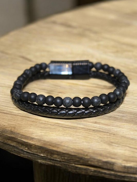 Bracelet cuir synthétique Pierre de lave & Shungite
