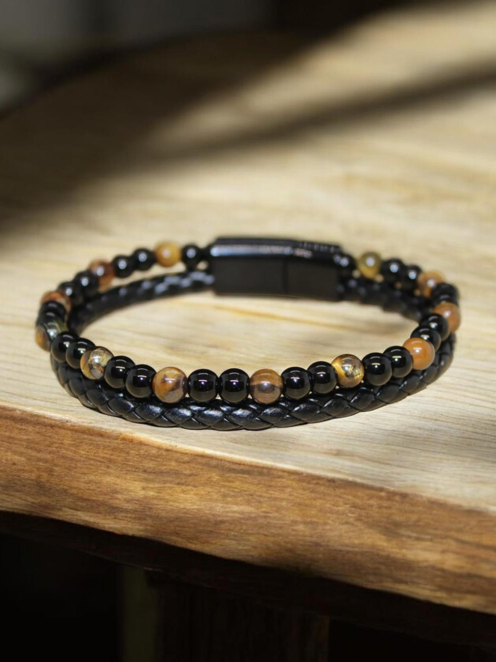Bracelet cuir synthétique, Oeil de tigre & onyx