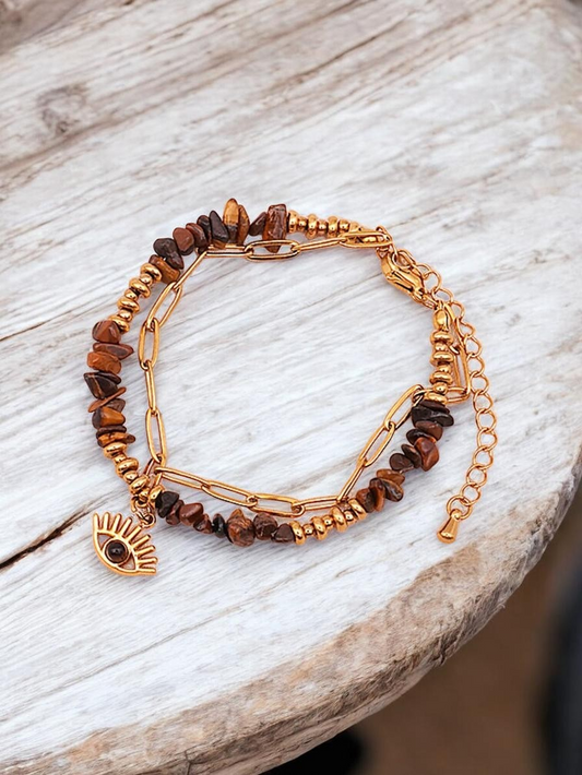 Bracelet Oeil de tigre acier doré