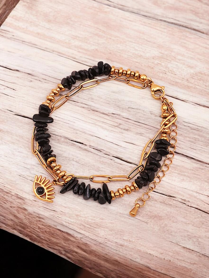 Bracelet Obsidienne noire acier doré